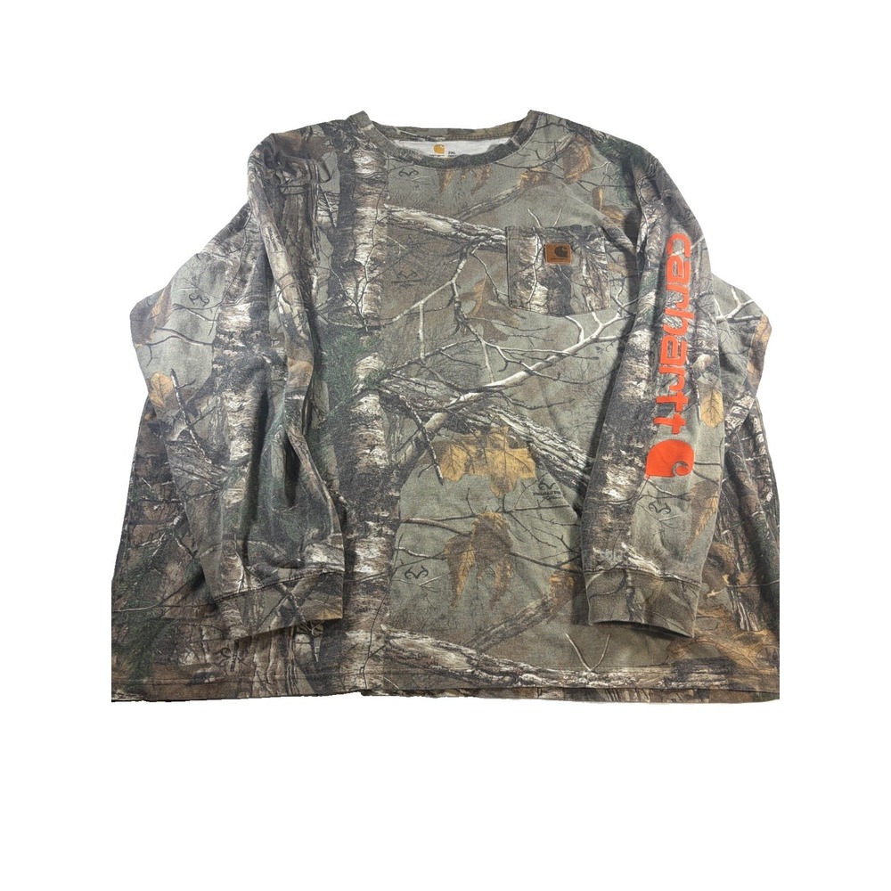 Carhartt Long Sleeve Realtree Camo Pocket T Shirt Spellout Sleeve Men's Size 2XL